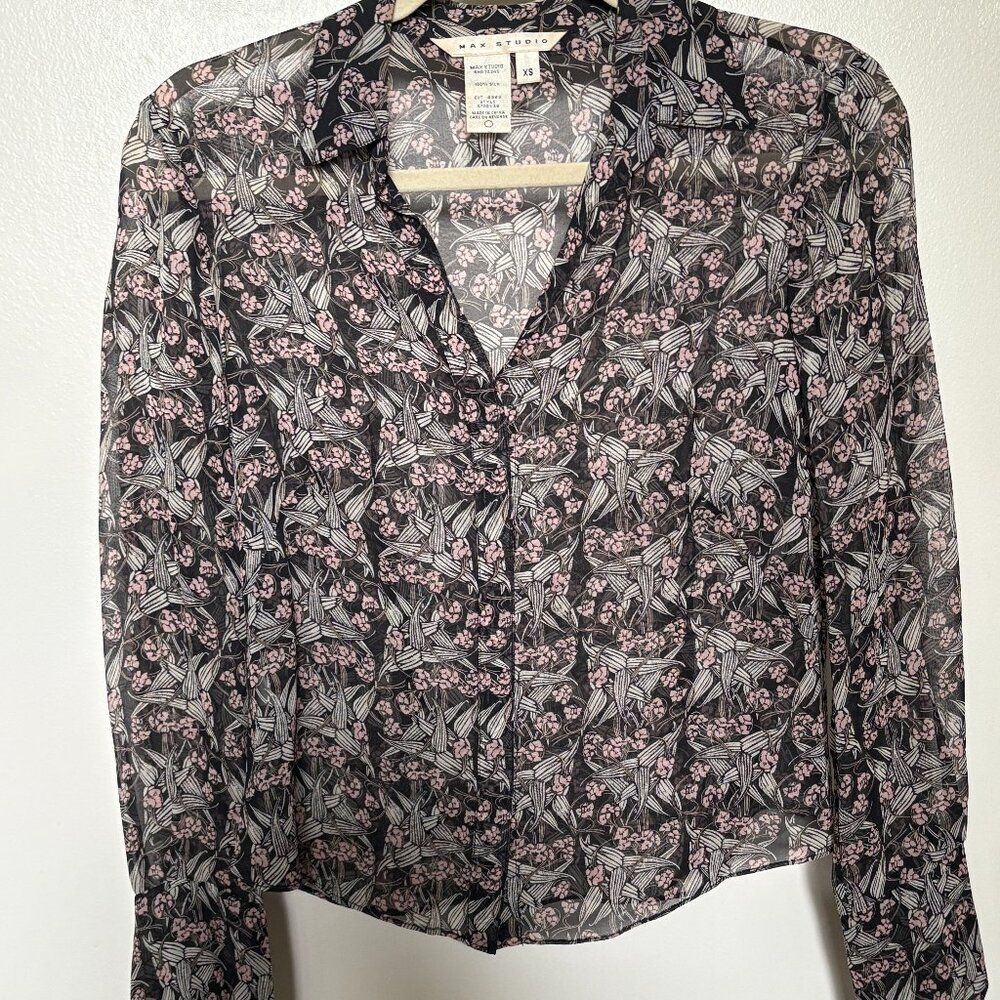 Max Studio Silk, Collared, Button Down, V-Neck, Long Sleeve Sheer Blouse, XS